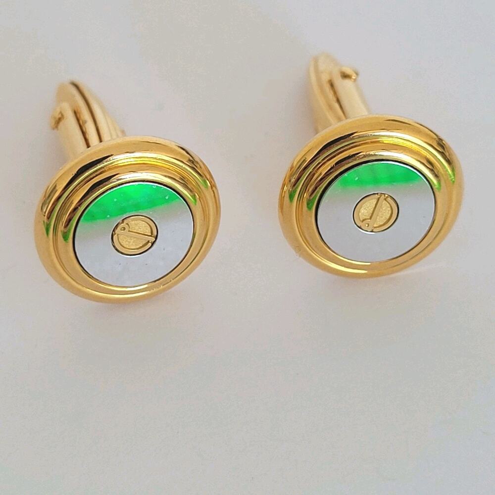 Dunhill D Cufflinks Gold Silver Tone Logo Round Designer Vintage Retro Bullet